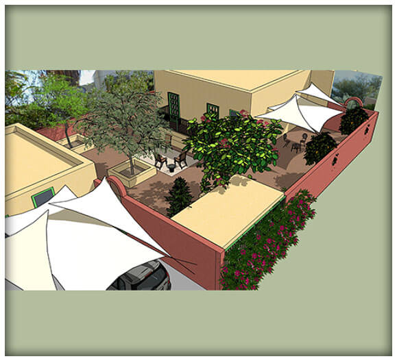 3D SketchUp design rendering of a Tucson backyard patio and shade structure concept by All Terrain