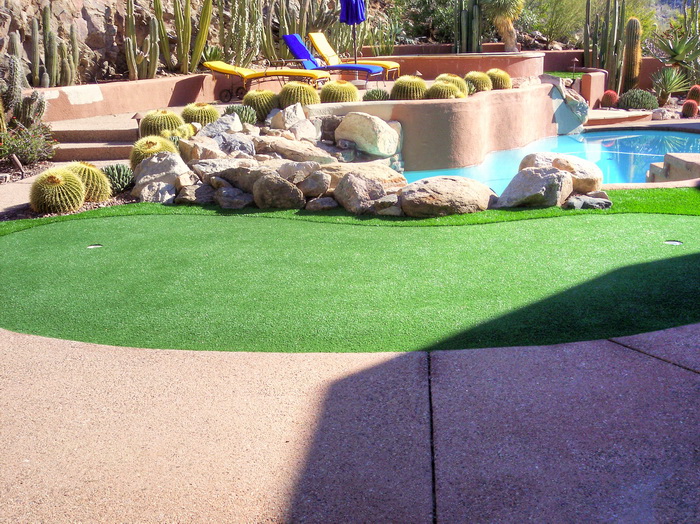 Custom backyard putting green surrounded by desert landscaping
